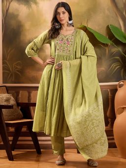 Vastramyaa - Pista Green Thread Embroidered Anarkali Kurta with Pants and Dupatta (Set of 3)