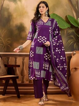 Vastramyaa - Dark Purple and White Printed Kurta with Pants and Dupatta (Set of 3)