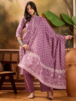 Vastramyaa - Lavender and White Yoke Pintuck Printed Kurta with Pants and Dupatta (Set of 3)