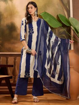 Vastramyaa - Navy Blue and White Striped Kurta with Pants and Dupatta (Set of 3)