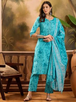 Vastramyaa - Turquoise Blue Floral Printed Kurta with Pants and Dupatta (Set of 3)