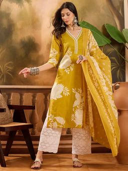 Vastramyaa - Lime Green and White Floral Printed Kurta with Palazzo and Dupatta (Set of 3)