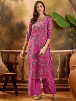 Vastramyaa - Purple and White Floral Printed Kurta with Palazzo (Set of 2)