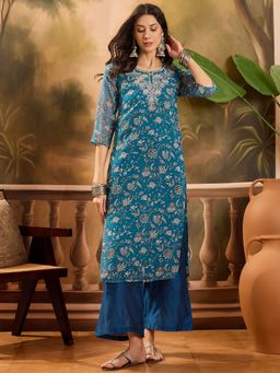 Vastramyaa - Teal Blue and White Floral Printed Kurta with Palazzo (Set of 2)