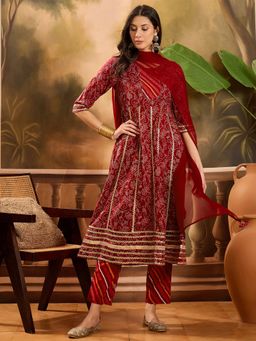 Vastramyaa - Maroon Gota Patti Work Anarkali Kurta with Pants and Dupatta (Set of 3)