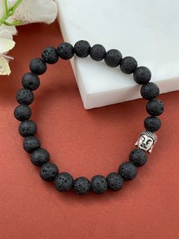 Digital Dress Room - Buddha Charm In Lava Beads Black Bracelet Rakhi