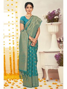 Sangam Prints - Sky Blue Silk Woven Zari Work Traditional Tassel Saree with Unstitched Blouse