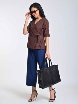 Saltpetre - Solid Coffee Brown V-Neck Top with Wide Leg Pant (Set of 2)