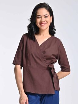 Saltpetre - Brown Organic Cotton Solid Coffee V-Neck Warp Top