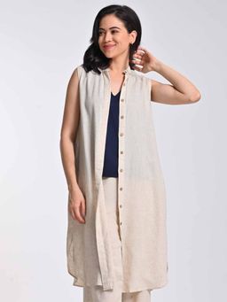 Saltpetre - Solid Beige Mandarin Collar Long Tunic