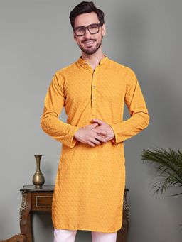 Jompers - Men Mustard Chikankari Pure Cotton Kurta