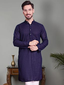 Jompers - Men Navy Blue Chikankari Pure Cotton Kurta