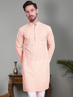 Jompers - Men Orange Chikankari Pure Cotton Kurta