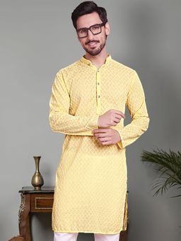 Jompers - Men Yellow Chikankari Pure Cotton Kurta