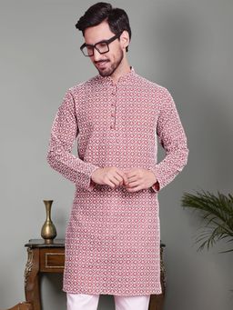 Jompers - Men Maroon Chikankari Embroidered Kurta
