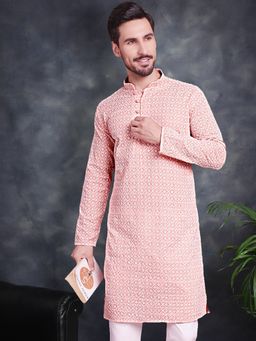 Jompers - Men Orange Chikankari Embroidered Kurta