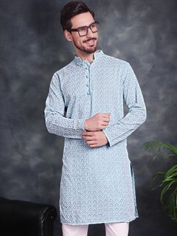 Jompers - Men Blue Chikankari Embroidered Kurta