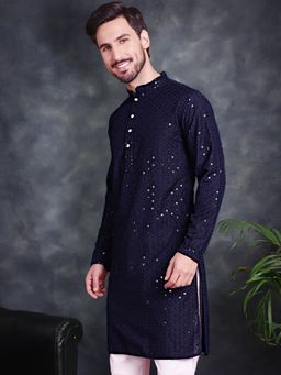 Jompers - Men Navy Blue Chikankari Embroidered & Sequin Kurta