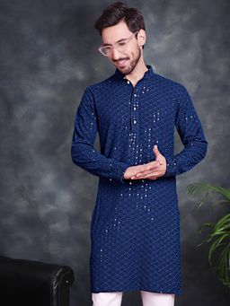 Jompers - Men Peacock Teal Chikankari Embroidered & Sequin Kurta