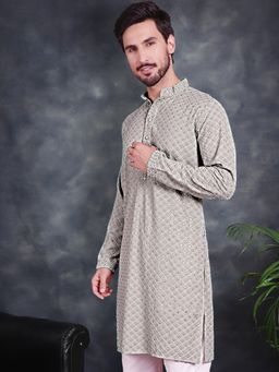 Jompers - Men Pista Green Chikankari Embroidered & Sequin Kurta