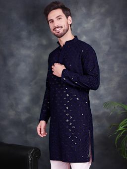 Jompers - Men Navy Blue Chikankari Embroidered & Sequin Kurta