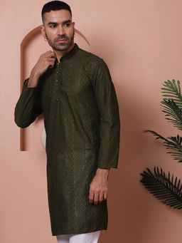 Jompers - Men Olive Embroidered Cotton Kurta