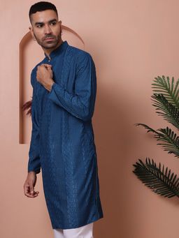 Jompers - Men Teal Embroidered Cotton Kurta