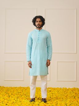 Jompers - Men Blue Chikankari Embroidered Kurta