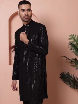 Jompers - Men Black Sequins Embroidered Kurta