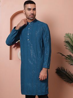 Jompers - Men Teal Sequins Embroidered Kurta