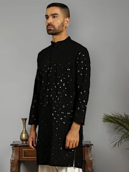 Jompers - Men Black Sequin Embroidered Pure Cotton Kurta