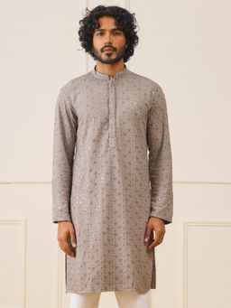 Jompers - Men Grey Sequin Embroidered Pure Cotton Kurta