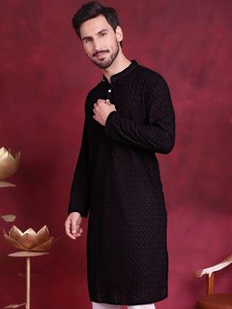 Jompers - Men Black Chikankari Pure Cotton Kurta
