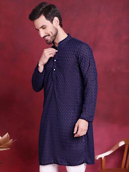 Jompers - Men Navy Blue Chikankari Pure Cotton Kurta