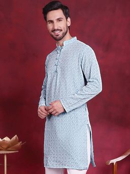 Jompers - Men Blue Chikankari Embroidered Kurta
