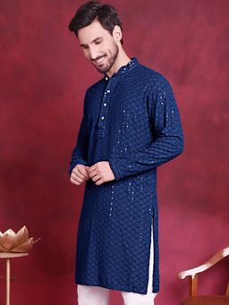 Jompers - Men Peacock Teal Chikankari Embroidered & Sequin Kurta