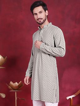 Jompers - Men Pista Green Chikankari Embroidered & Sequin Kurta