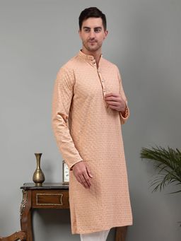 Jompers - Men Peach Chikankari Embroidered & Sequin Kurta