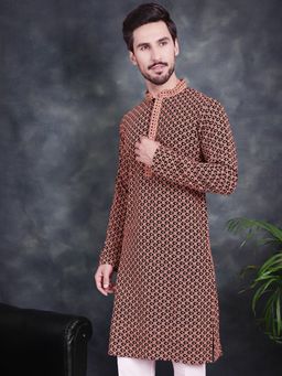 Jompers - Men Orange Sequins Embroidered Kurta