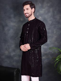 Jompers - Men Black Sequins Chikankari Embroidered Kurta