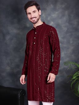 Jompers - Men Maroon Sequins Chikankari Embroidered Kurta