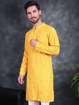 Jompers - Men Yellow Sequins Chikankari Embroidered Kurta