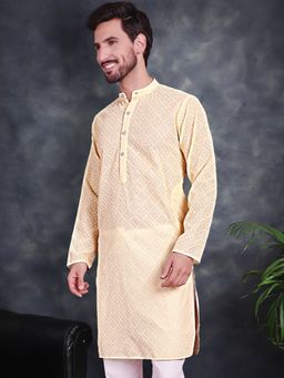 Jompers - Men Yellow Chikankari Embroidered Kurta