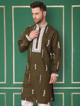Jompers - Men Olive Collar Chikankari Embroidered Kurta