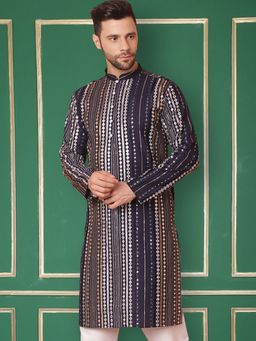 Jompers - Men Navy Blue Mirror Work Kurta