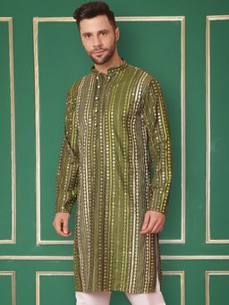 Jompers - Men Olive Mirror Work Kurta