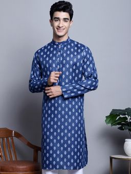Jompers - Men Navy Blue Cotton Printed Kurta