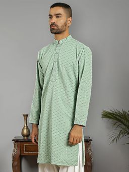 Jompers - Men Green Sequin Embroidered Pure Cotton Kurta