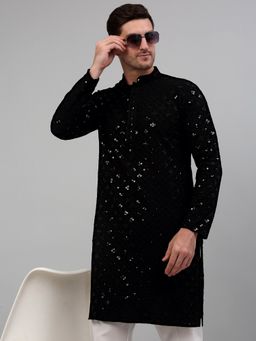 Jompers - Men Black Chikankari Embroidered & Sequin Kurta