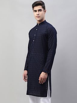 Jompers - Men Navy Blue Ethnic Embroidered Pure Cotton Kurta